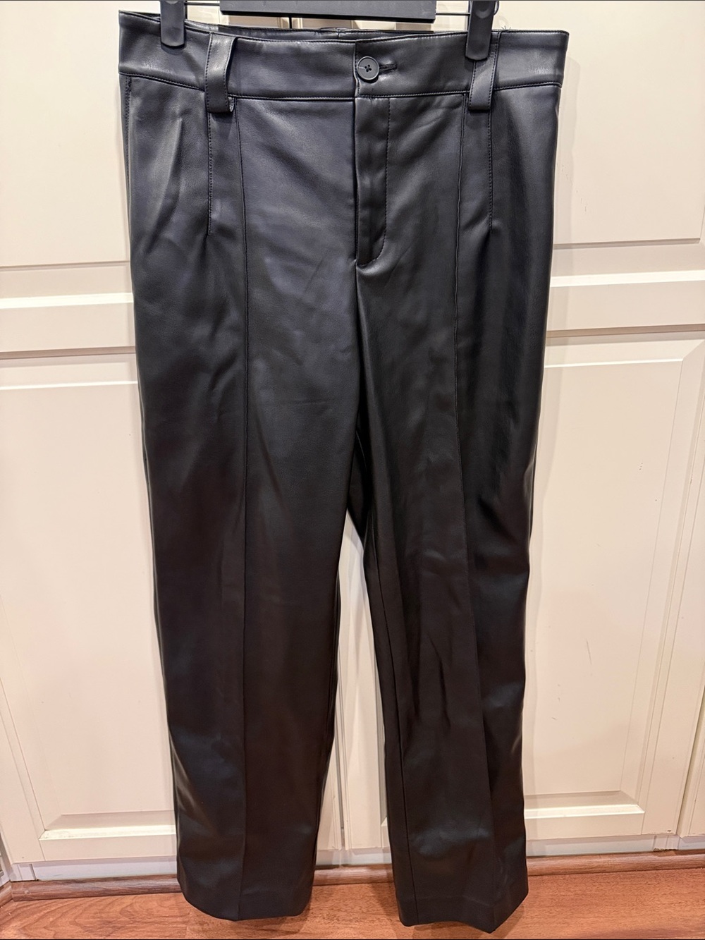 T Tahari Black Faux Leather Straight-Leg Trousers